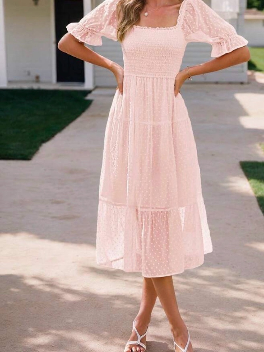 Smocked Swiss Dot Midi Dress - Pink
